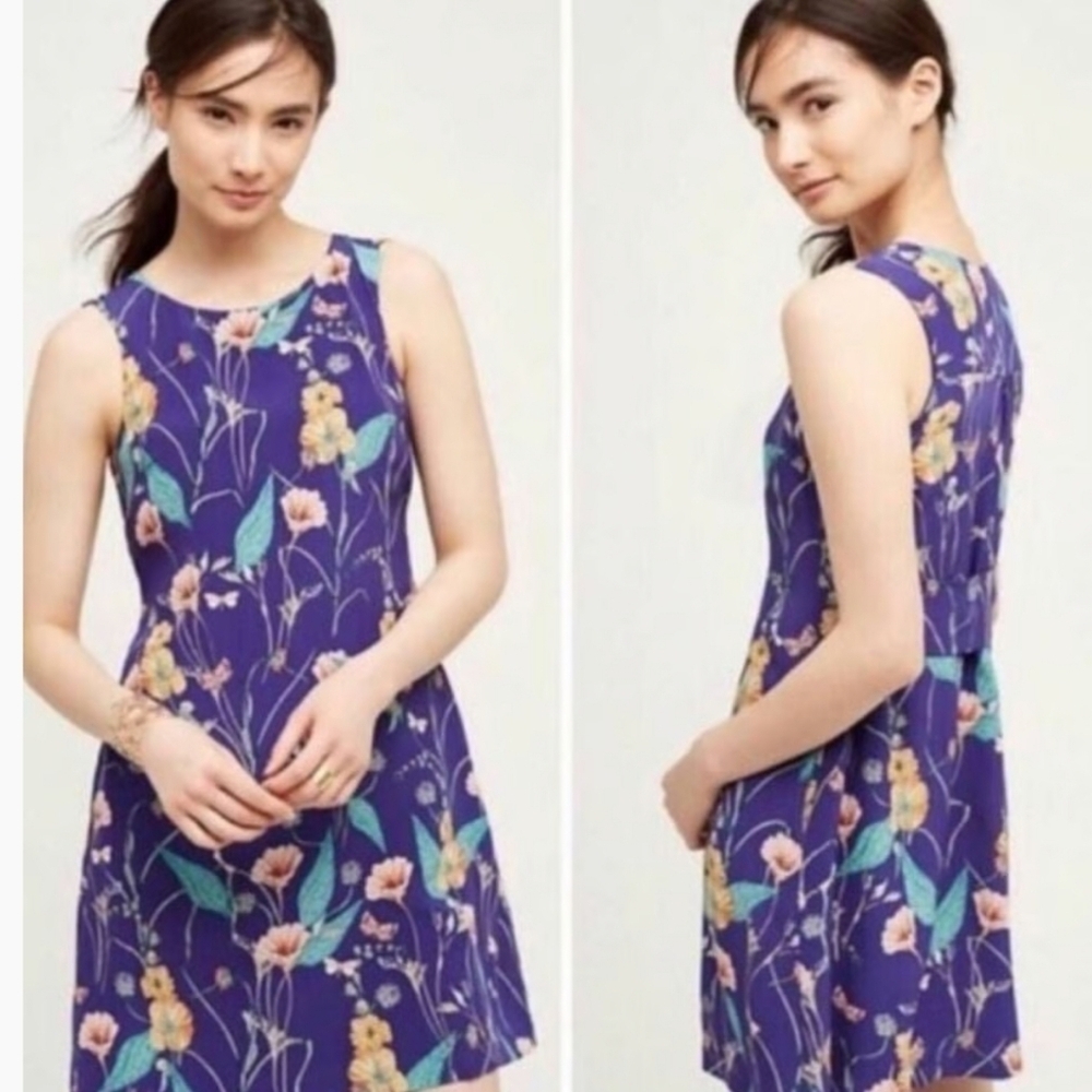 Anthropologie HD In Paris Blue Silk Hidden Isle Floral Sleeveless Women's Dress